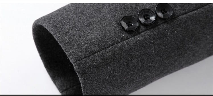 Dark gray woolen coat sleeve with three black buttons of men slim woolen trench coat.