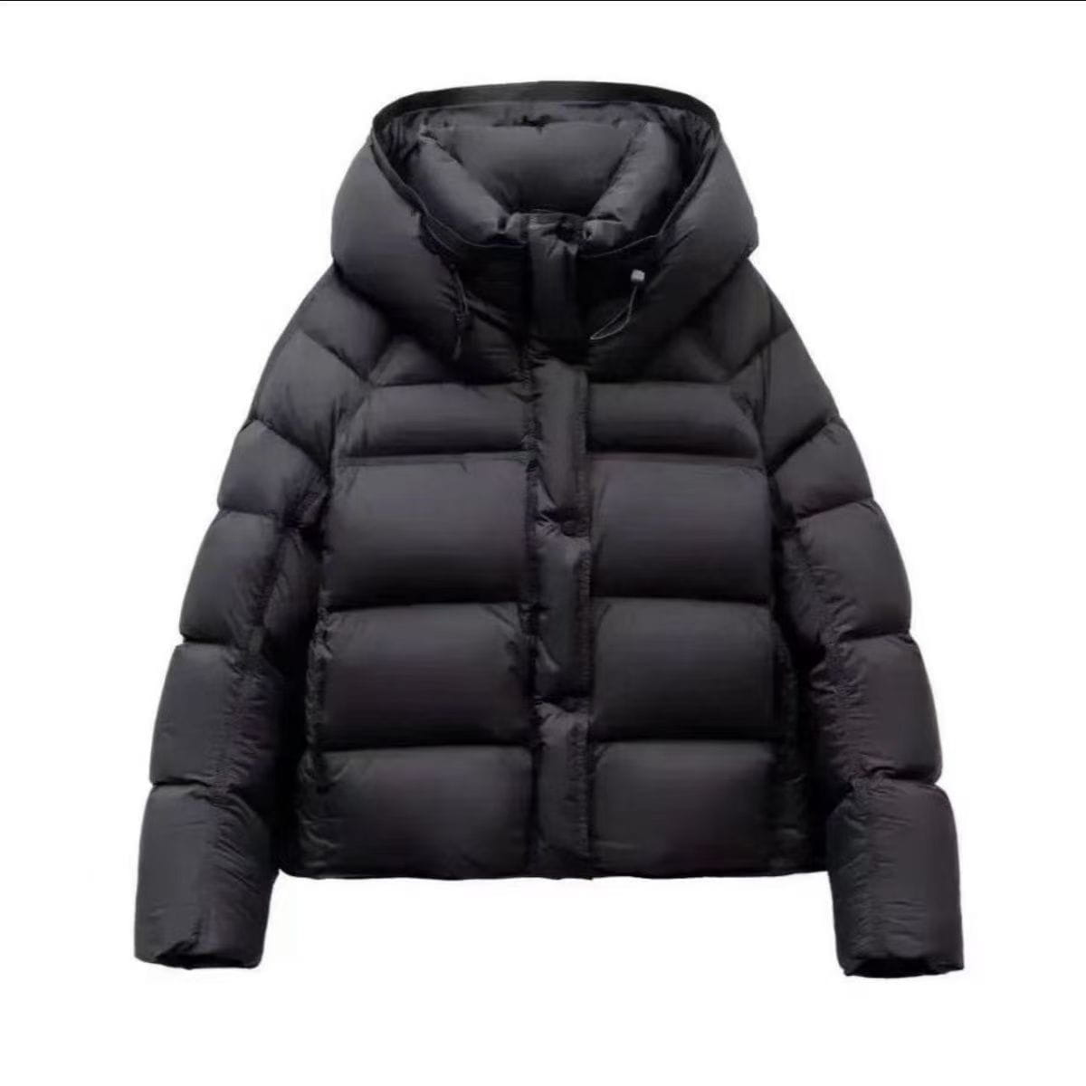 Chaqueta acolchada de plumón negra con capucha y diseño acolchado para mujer, ideal para la ropa de invierno