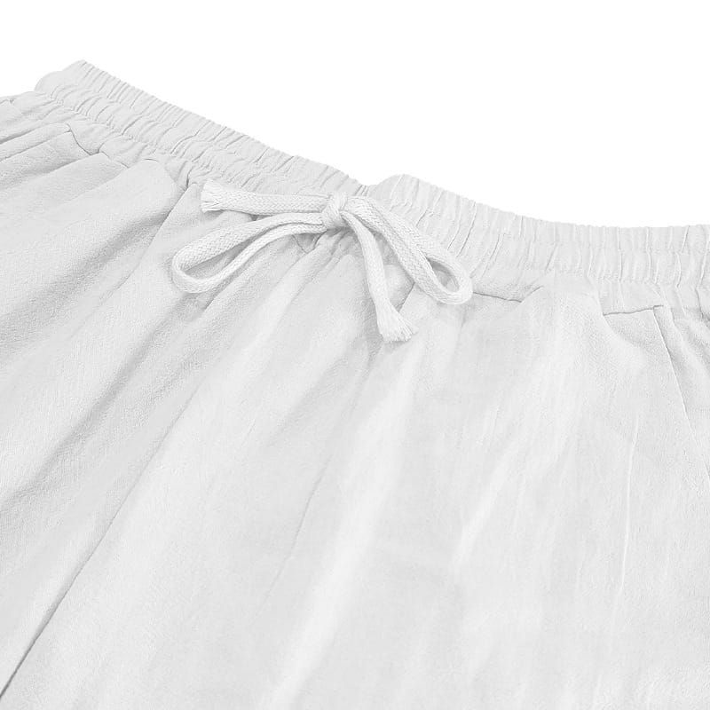 Men’s white cotton linen joggers with elastic waistband and casual drawstring pants design.