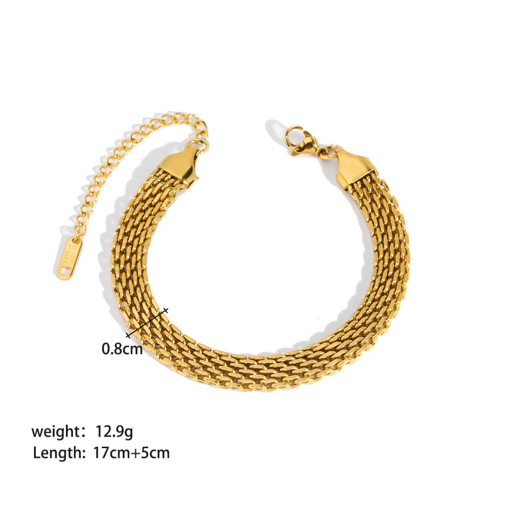 18k gold pvd plated stainless steel chain link bracelet featuring a gold-toned mesh design with a sleek interwoven chain and secure clasp closure.