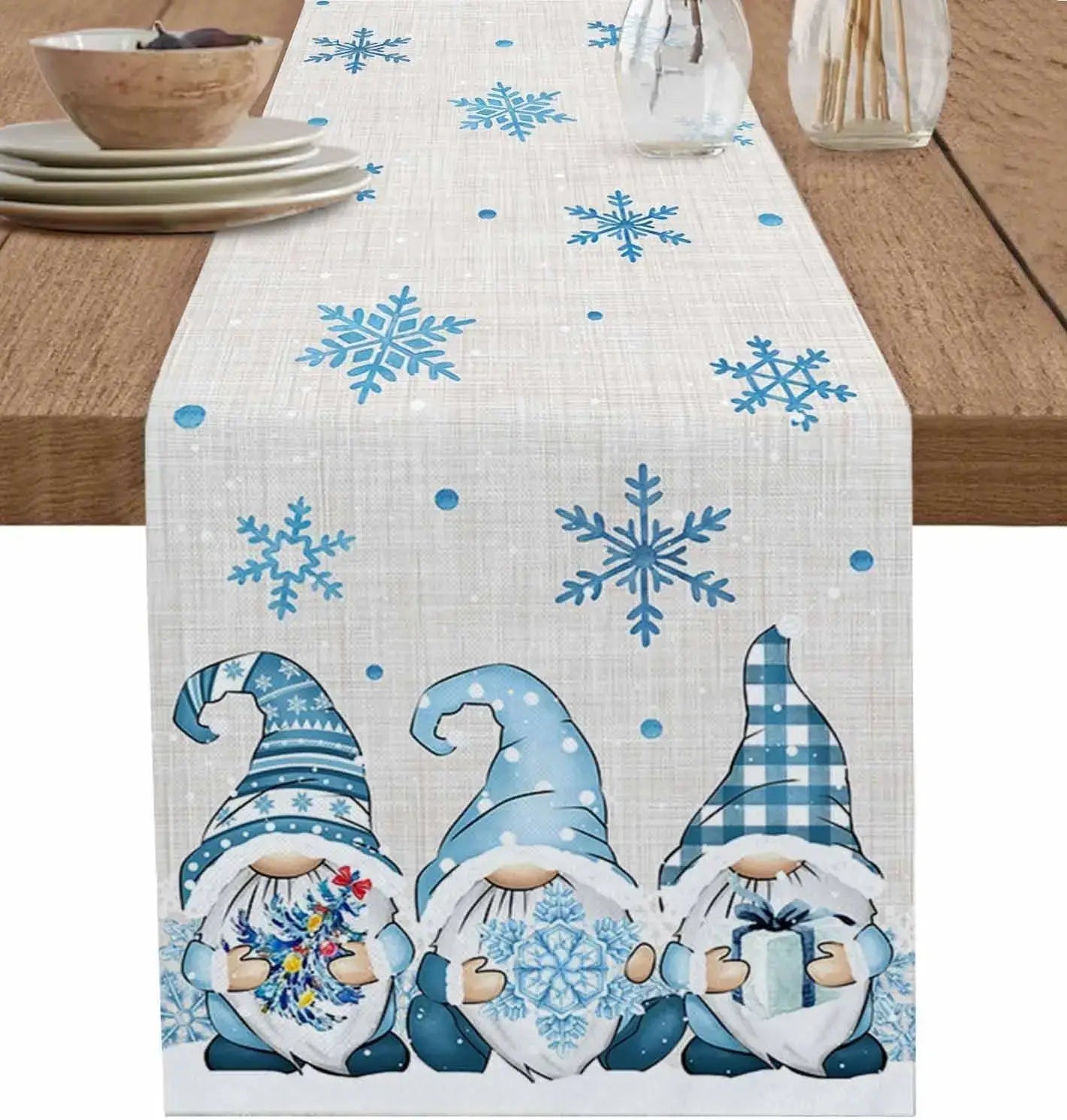 Christmas table runner festive holiday decor 183x33 featuring a blue and white gnome-themed design with snowflake patterns for seasonal decoration.