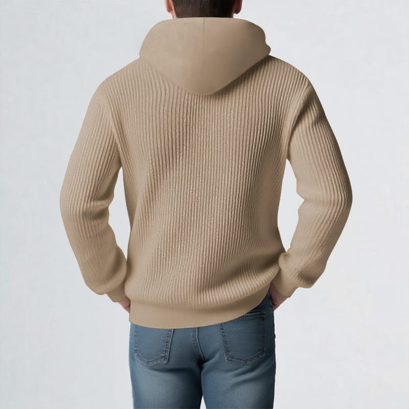 Sudadera tipo jersey para hombre de invierno engrosada en punto acanalado color beige, con capucha acogedora y mangas largas.
