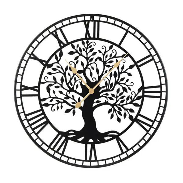 Horloge murale « Arbre de vie » en métal noir de 27 pouces, présentant un design détaillé d’arbre de vie avec des chiffres romains et des aiguilles à tons dorés.