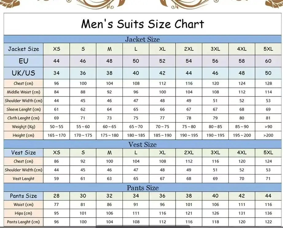 Men’s herringbone wool three piece slim work suit size chart with detailed measurements for jackets vests and pants across various sizes.
