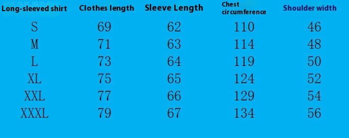 blue table with white text displaying a size chart for men jacquard plaid long sleeve button down shirt