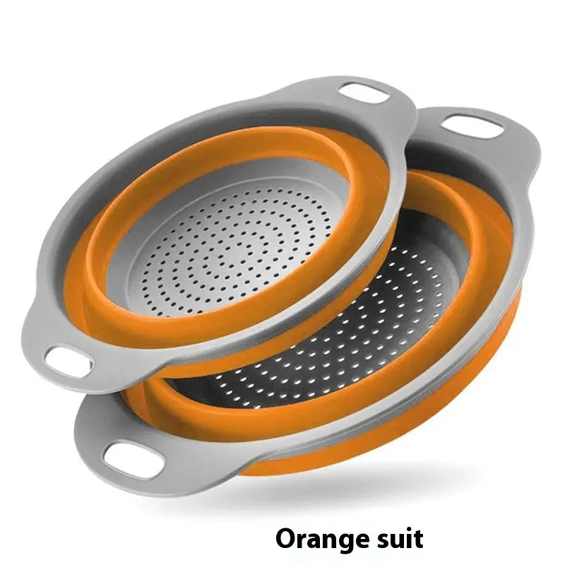 Set of two collapsible silicone colanders with gray and orange exteriors featuring a perforated interior for draining liquids in a collapsible silicone colander set drain basket.