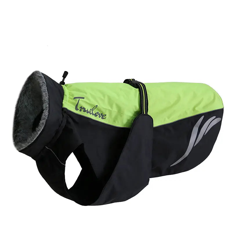 Bright lime green and black led waterproof dog down jacket with reflective silver stripes and a cozy gray fleece-lined collar designed for winter warmth.