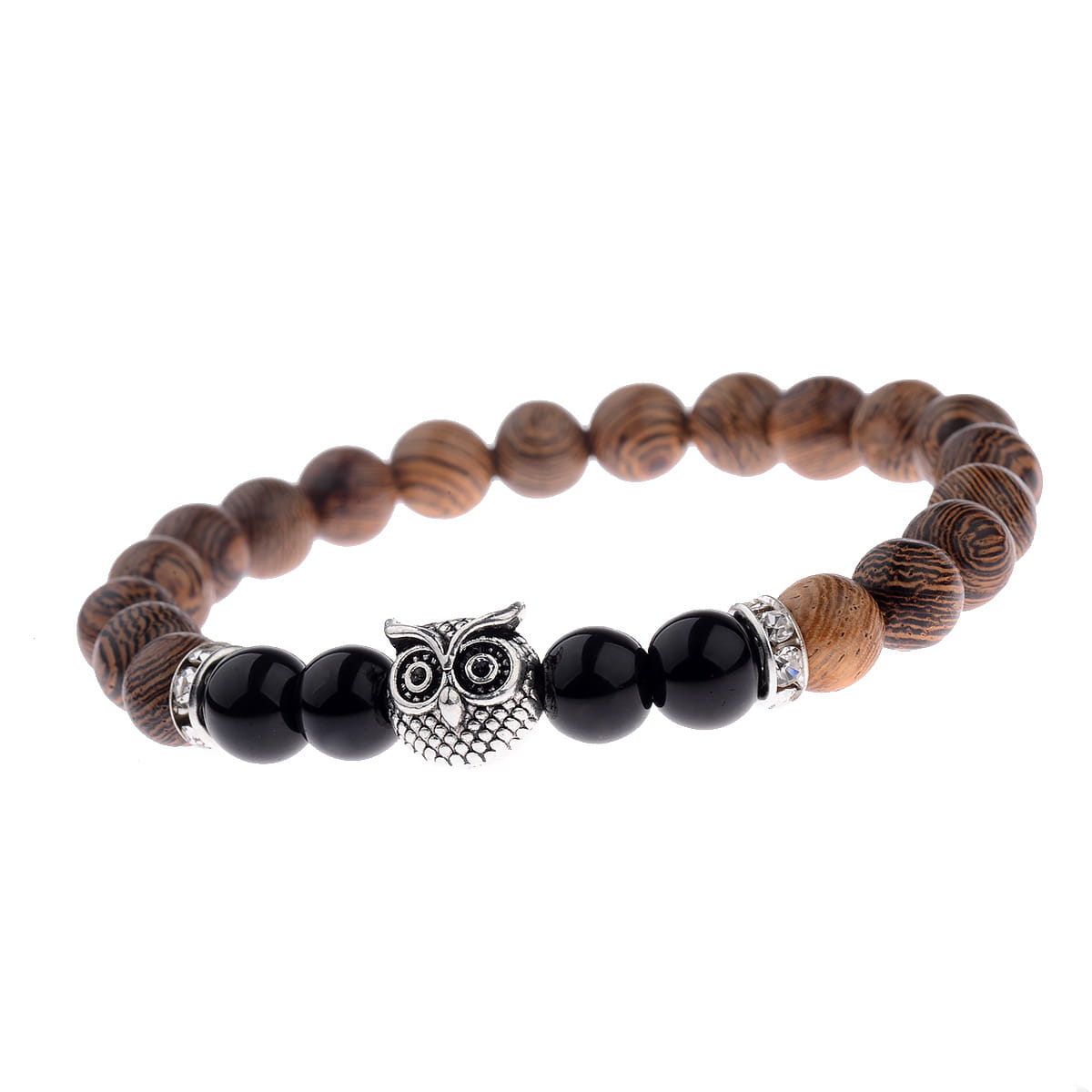 A dark brown wooden beaded bracelet featuring black onyx beads and a silver owl charm named crystal owl charm wood and onyx beaded bracelet.