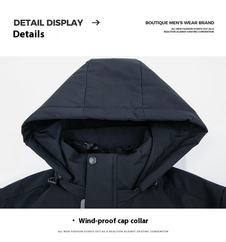 Chaqueta acolchada térmica con capucha de invierno negra que presenta una capucha acolchada negra con cuello tipo gorra cortaviento.