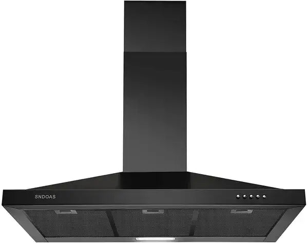 Hotte de cuisinière murale de 36 pouces en acier inoxydable noir, avec un design moderne épuré et quatre boutons de commande situés sur le côté droit.