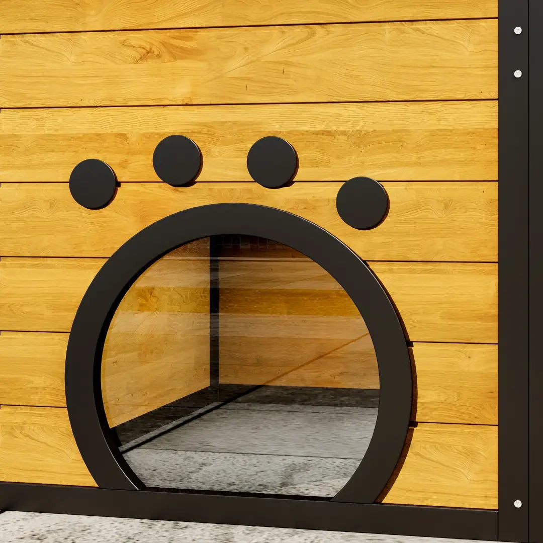 black metal paw print entrance with circular door set into light wood paneled wall of large outdoor catio 4 tier wooden cat enclosure