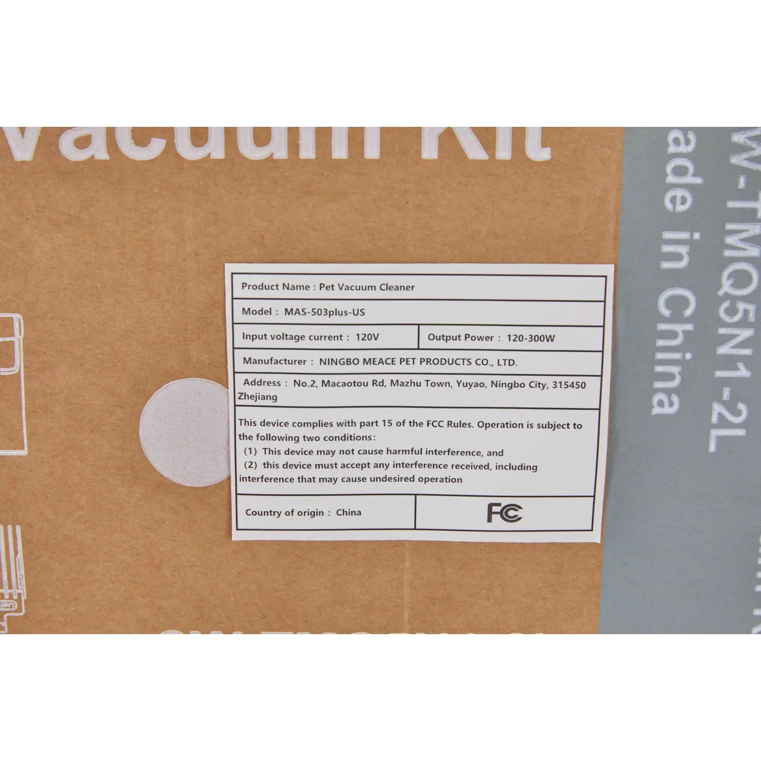 The label on the cardboard box identifies the mas-503plus-us pet grooming vacuum clippers 2.5l kit manufactured by ningbo meace pet products co ltd.