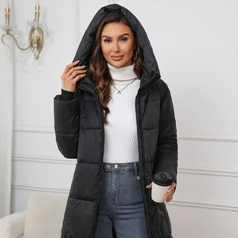 black hooded quilted puffer coat for women with a thick insulated design suitable for winter wear