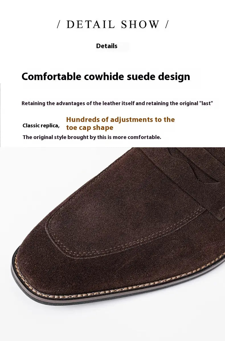 men’s brown suede penny loafer casual leather shoes featuring a classic comfortable design