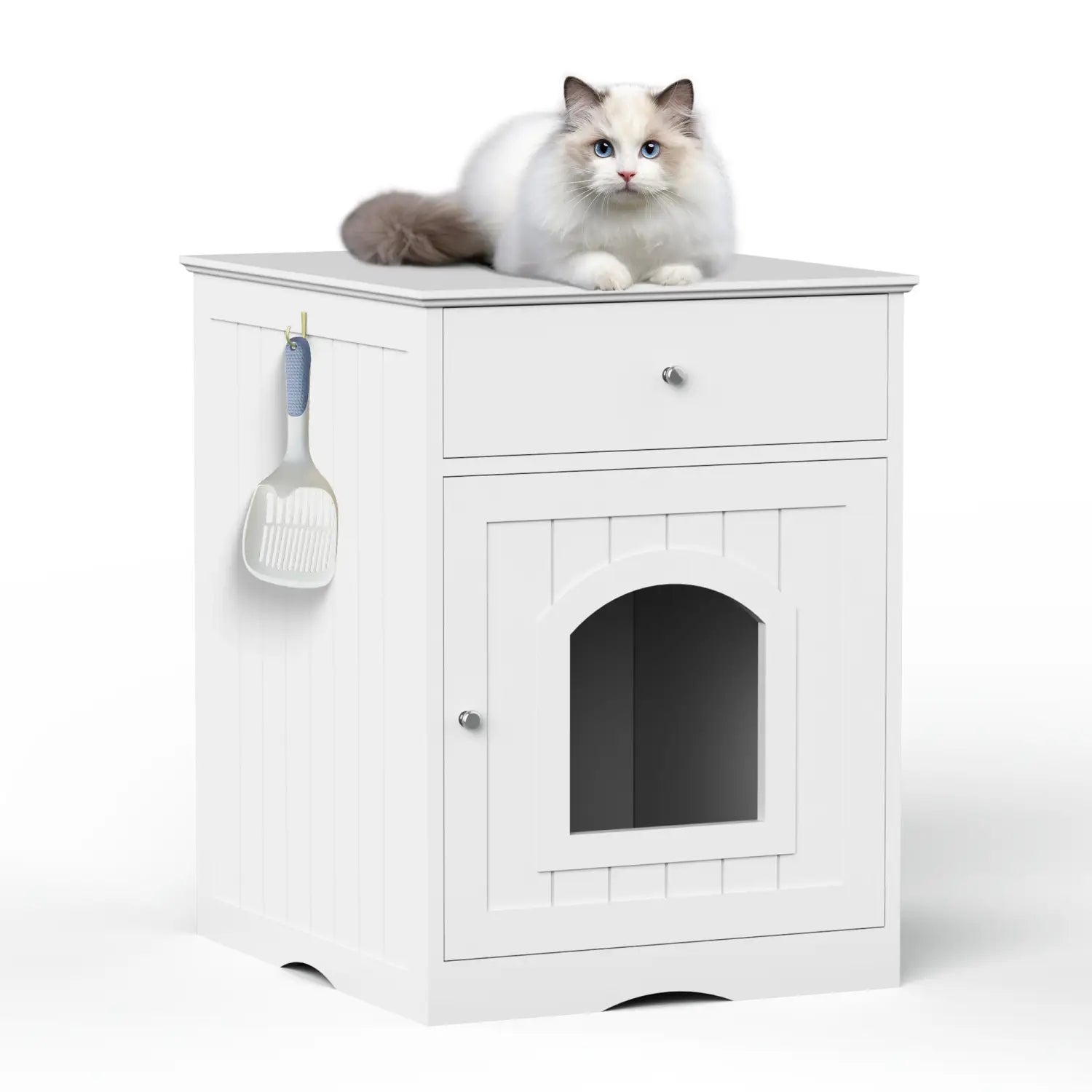 White wooden cat litter box enclosure with drawer and arched door featuring a hanging scoop on the side.