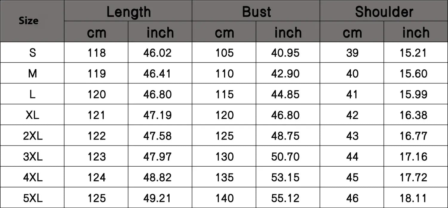 Guide des tailles pour la robe longue en lin à coupe A à imprimé floral grande taille, indiquant les mesures en centimètres et en pouces, de la taille S à 5XL.