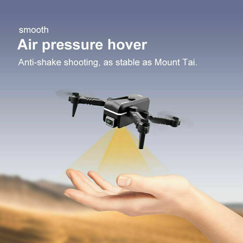 Drone à air quad pliable noir avec deux caméras HD 4K et un design compact et élégant, mettant en évidence l’objectif visible