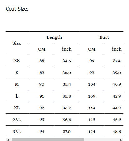 Tabla de tallas del abrigo que muestra medidas en centímetros y pulgadas para tallas xs a 3xl de abrigo de felpa sintética de cuello alto corto.