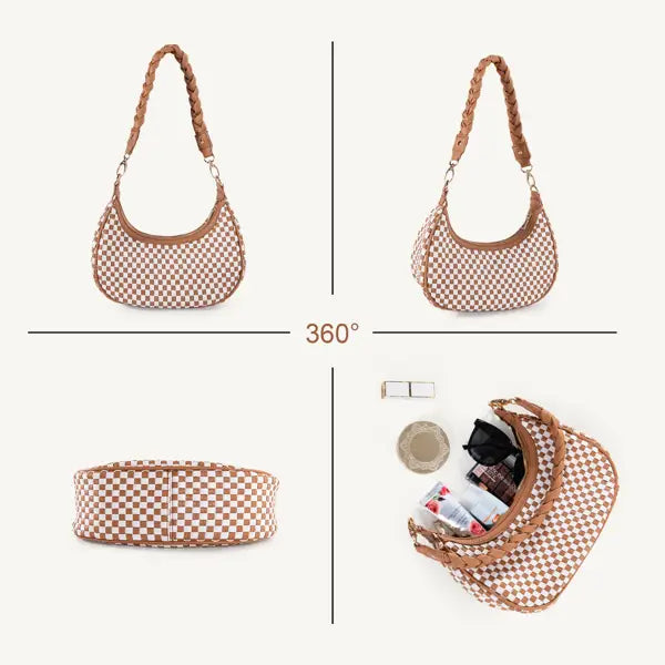 A beige and brown checkered woven vegan leather hobo shoulder bag with a braided leather strap.