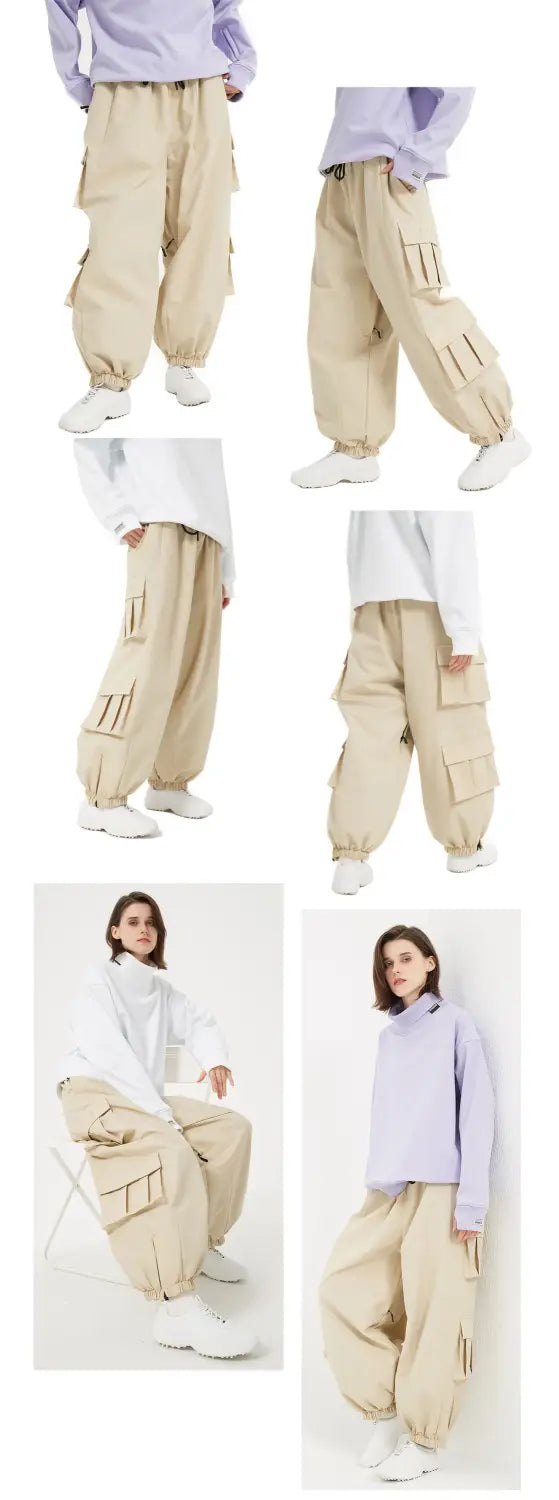 Beige winter outdoor loose ski pants made of durable material with multiple cargo pockets and elastic cuffs designed for cold weather activities.