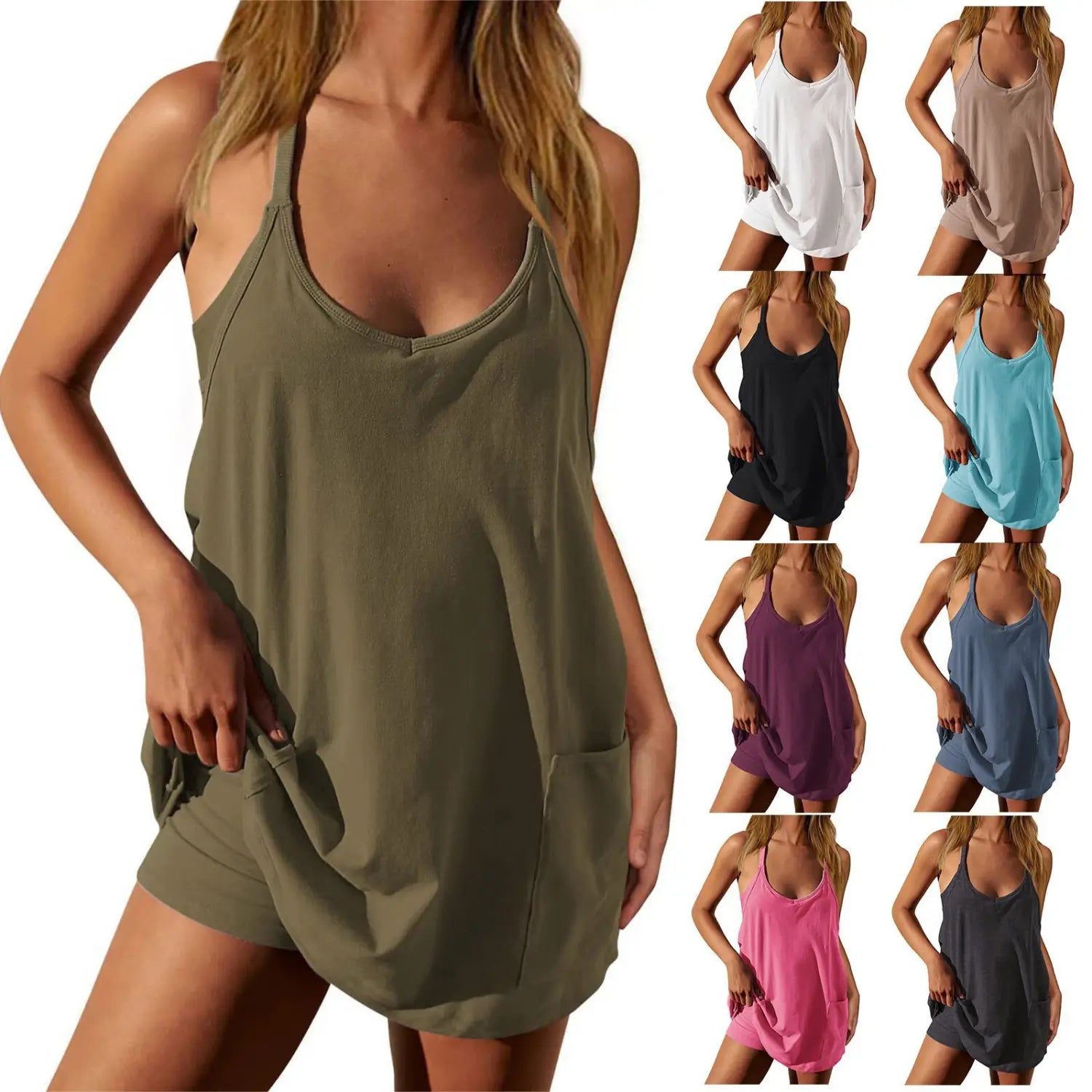 A women casual romper and strap top set featuring an olive green sleeveless romper with a relaxed fit and side pockets.