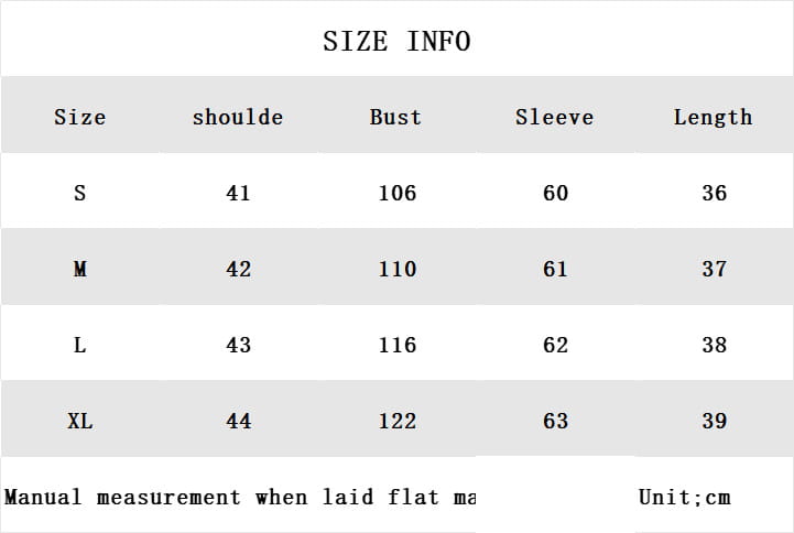Size info chart for a women’s shearling leather short jacket displaying garment measurements in centimeters for sizes S through XL.