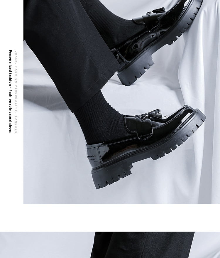 men’s black patent leather tassel loafer with chunky textured sole suitable for formal and casual wear