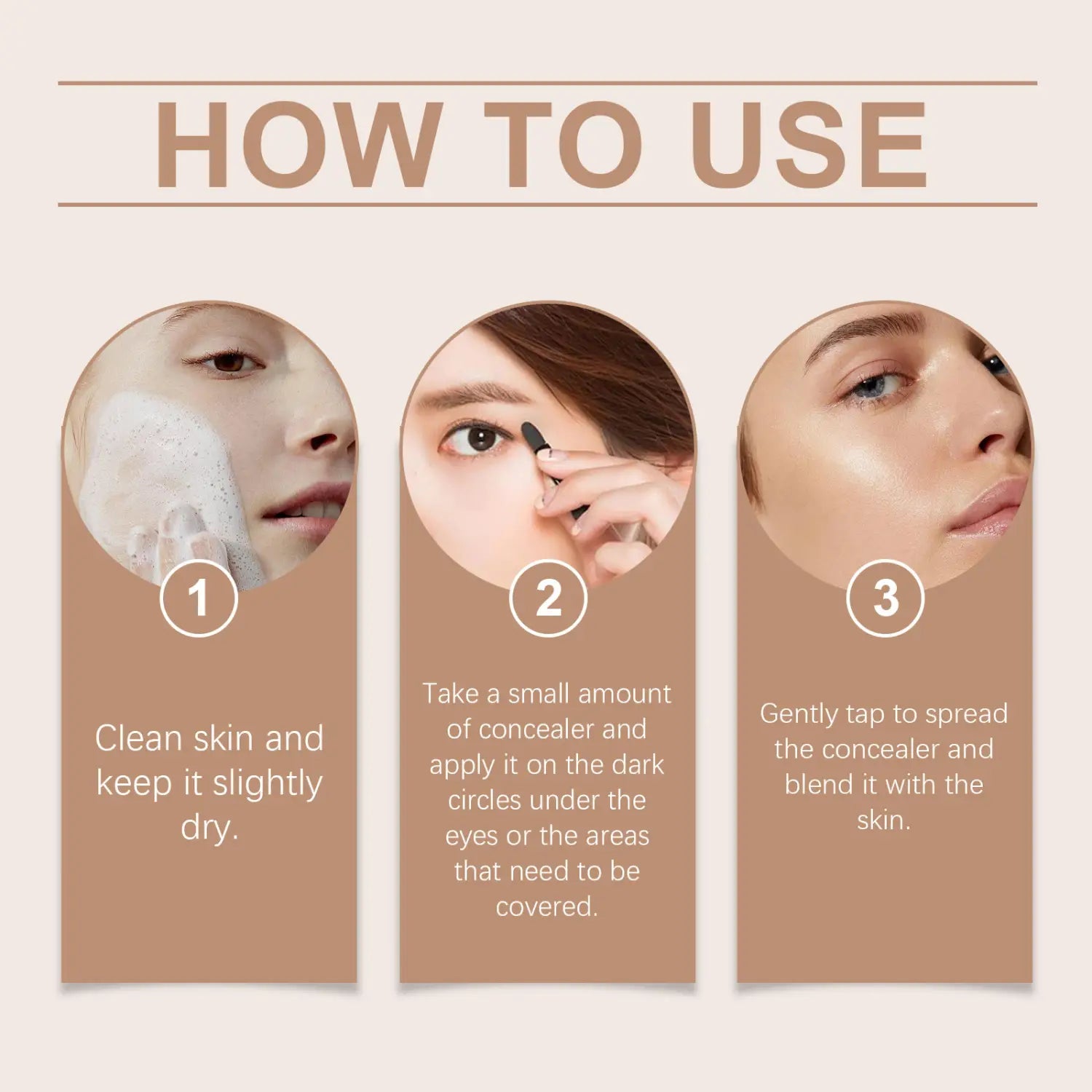 The image shows a step-by-step guide for applying eye concealer for sensitive skin creamy coverage, illustrating skin preparation, concealer application under eyes or targeted areas, and blending.