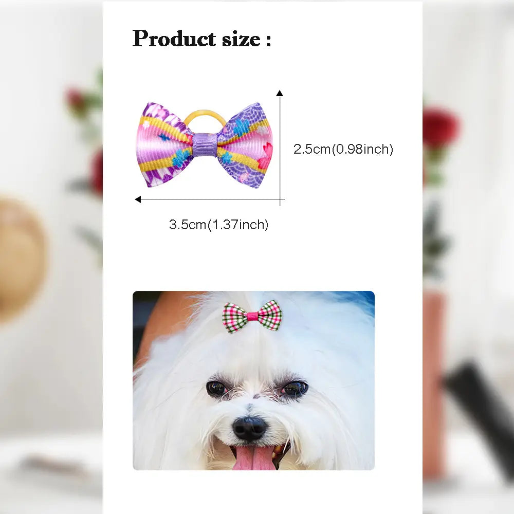 A colorful patterned plaid pet bow with a yellow elastic band and purple center designed as a dog hair accessory.