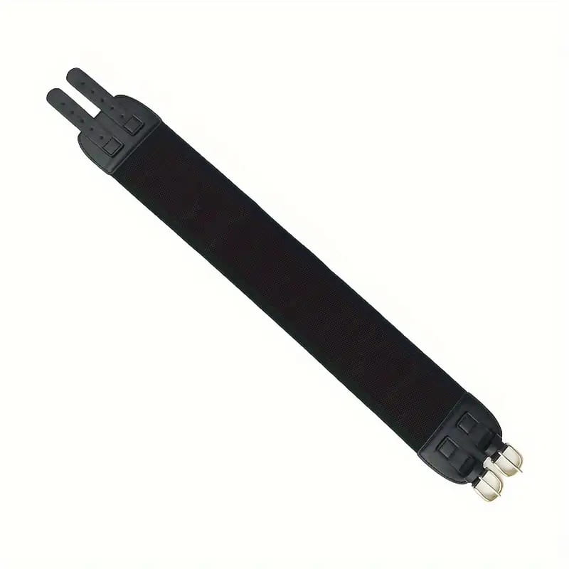Black elastic women waist belt with double buckles featuring adjustable metal buckles and reinforced plastic end pieces designed for secure fit.