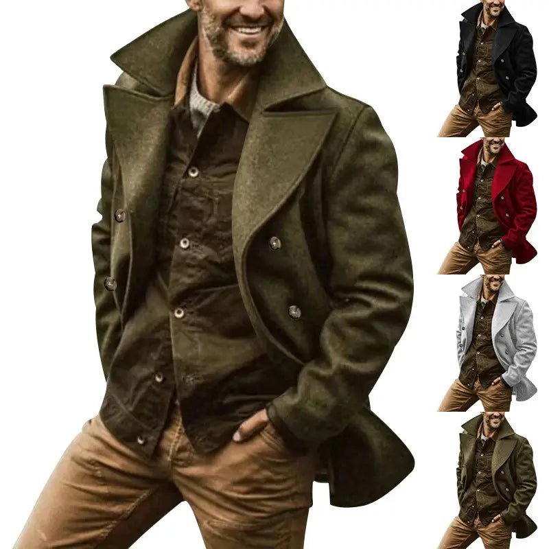 Abrigo largo para hombre cruzado doble de lana verde oliva con cuello con muesca y parte delantera abotonada para abrigo exterior formal, en un producto titulado abrigo tipo gabardina cruzado doble de algodón rojo