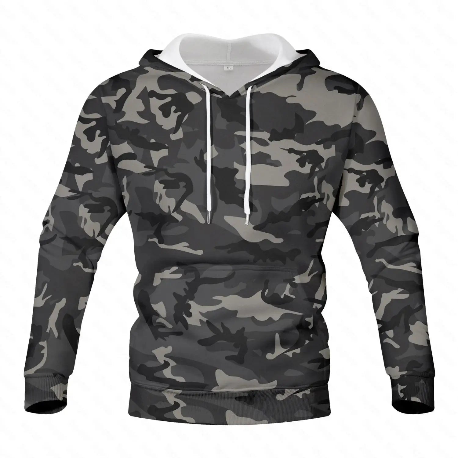 Men’s digital camouflage pullover hoodie in black and gray with white drawstrings and contrasting white inner lining.