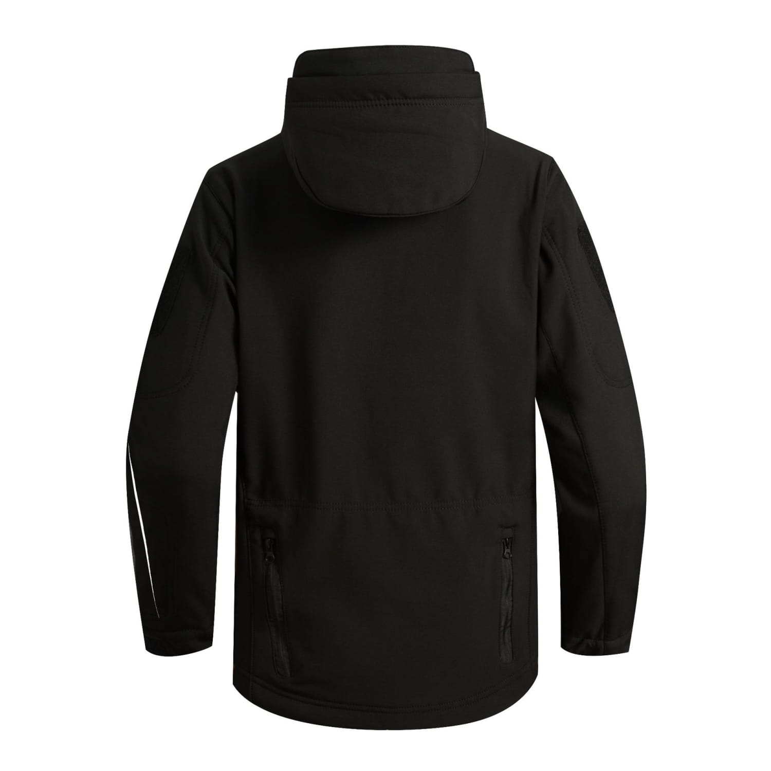 Veste tactique softshell à capuche noire, avec un tissu élégant déperlant et des bandes réfléchissantes discrètes le long des manches