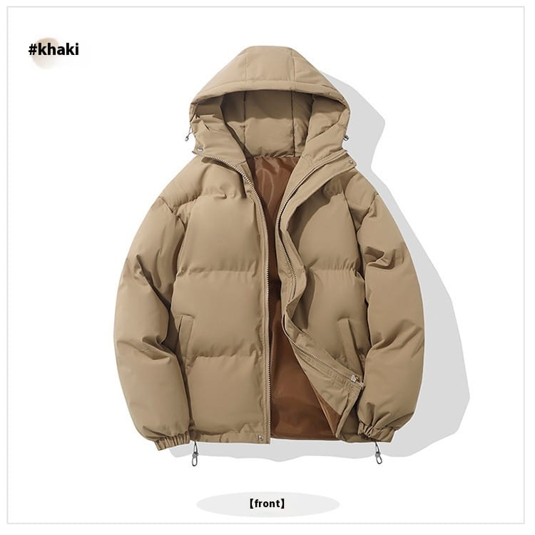 Damen-Kapuzensteppjacke in Khaki mit brauner Innenfutterauskleidung, geeignet für kaltes Wetter.