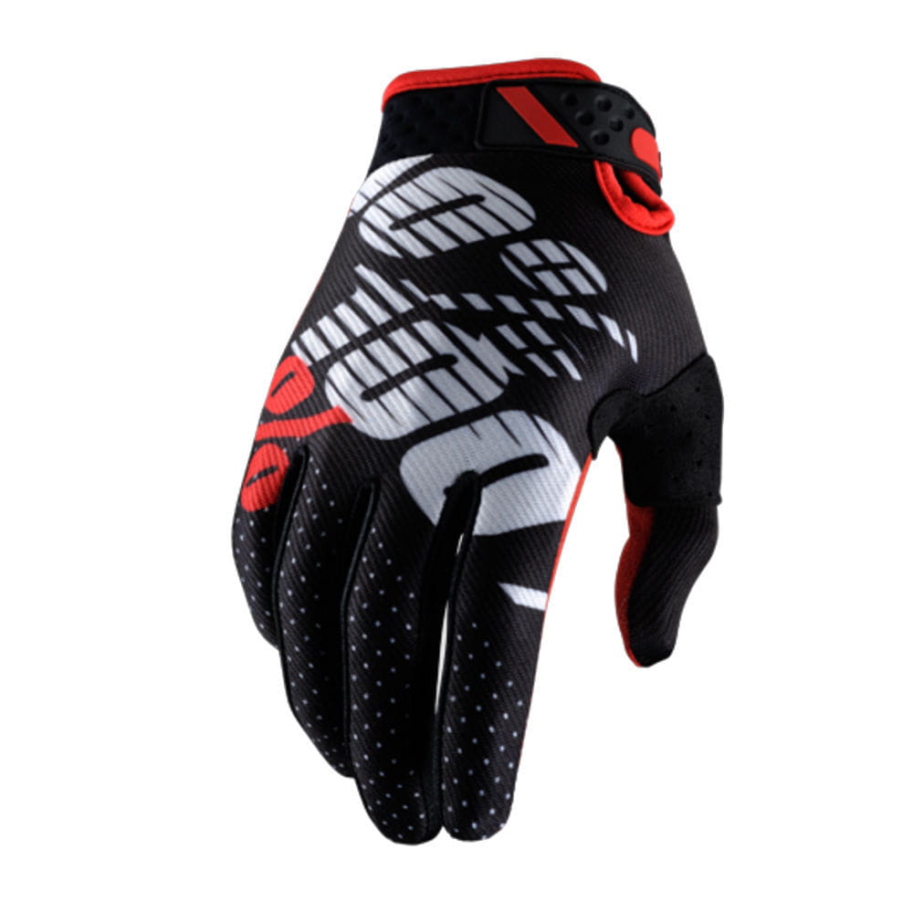 Black and red motorcycle riding glove with white graphic letter pattern on the back and perforated palm for breathability designed for motocross gear.