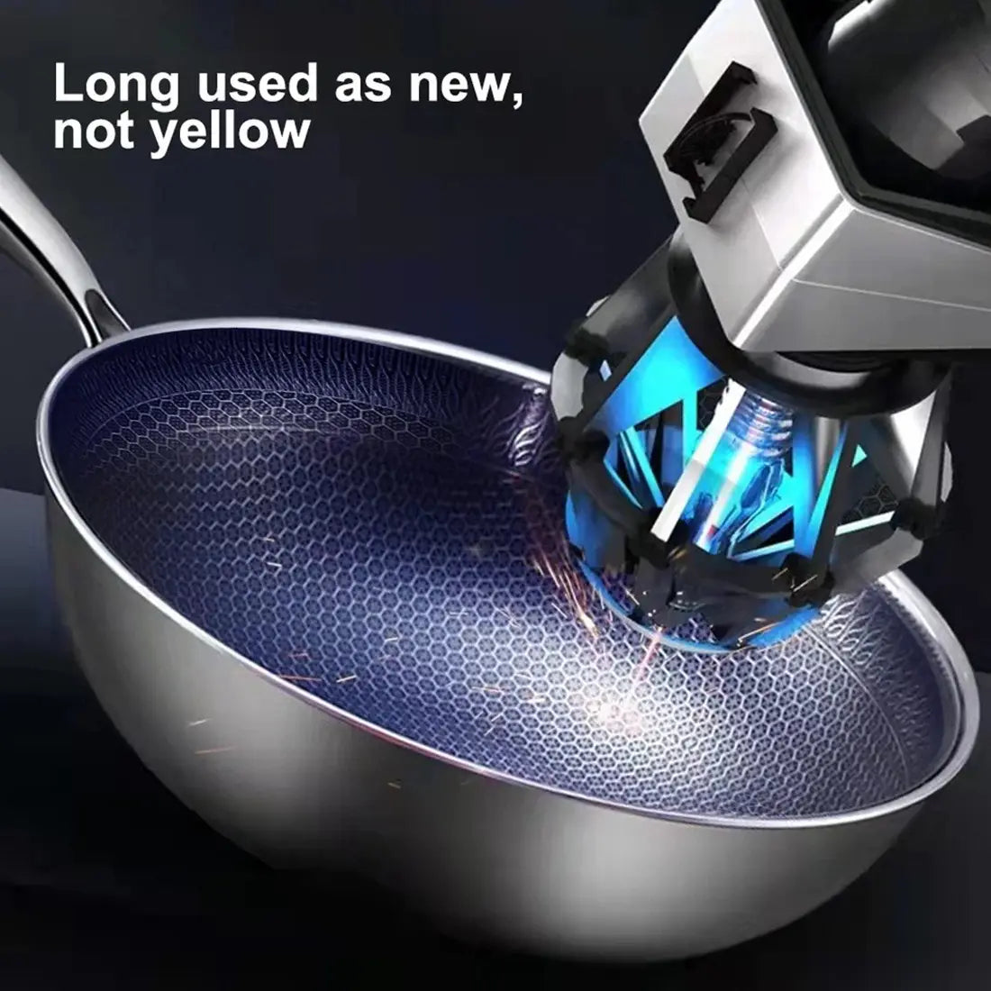 Silver stainless steel 30cm non stick wok with a hexagonal patterned interior designed for induction frying.