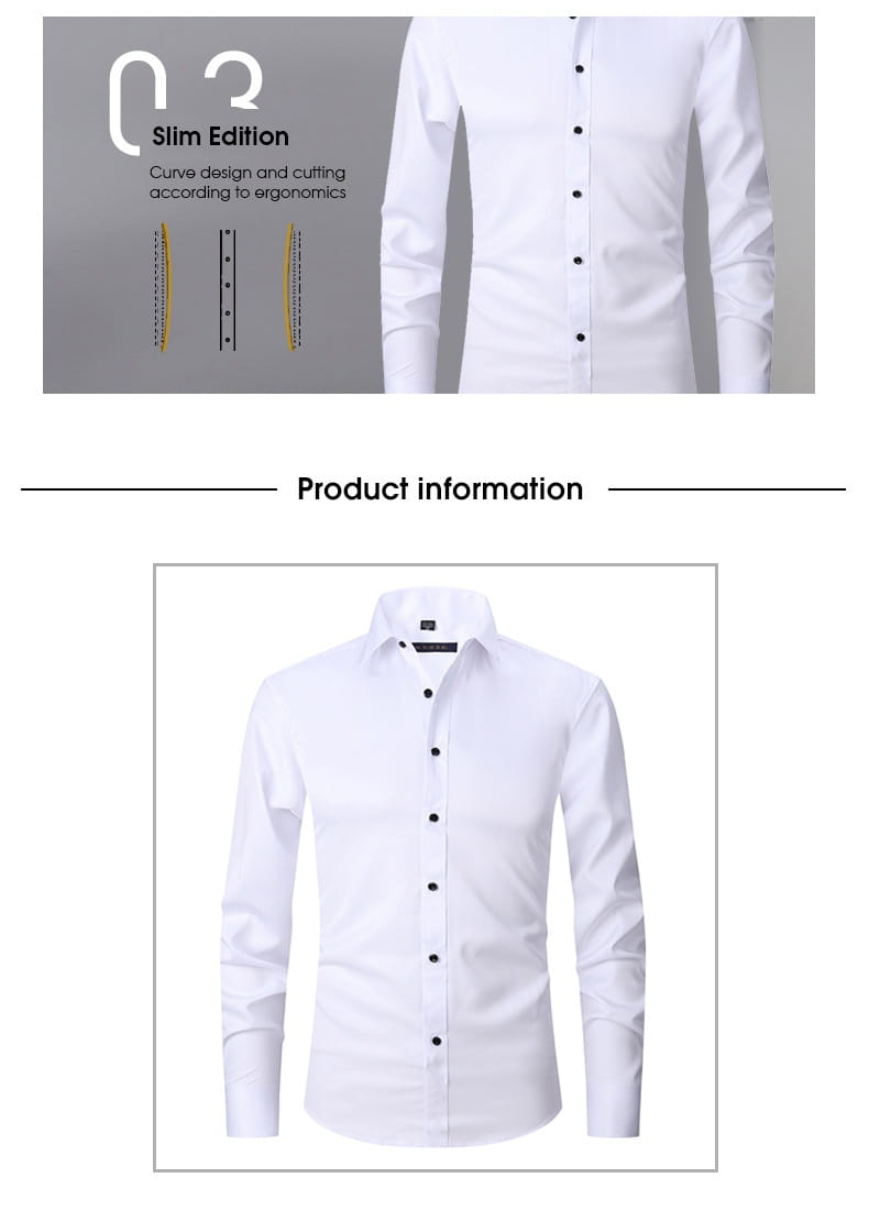 Herrenhemd mit langem Ärmel, Slim Fit, in Weiß mit schwarzen Knöpfen und einem klassischen Kragen, entworfen für einen formellen oder geschäftlichen Rahmen.