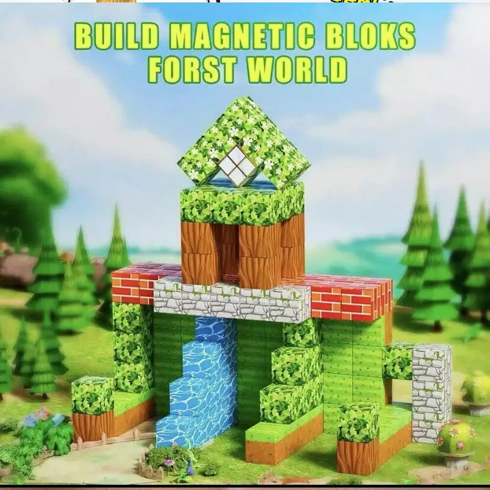 Minecraft magnetic building blocks 100pc educational toy featuring colorful interlocking blocks with green foliage, brown wood grain, red brick, and gray stone textures to create a whimsical forest-themed structure.