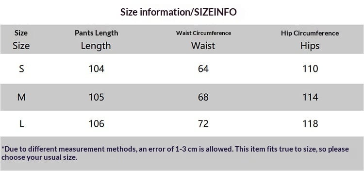 Size information chart for white high waisted balloon jogger pants displaying measurements in inches for sizes small medium and large.