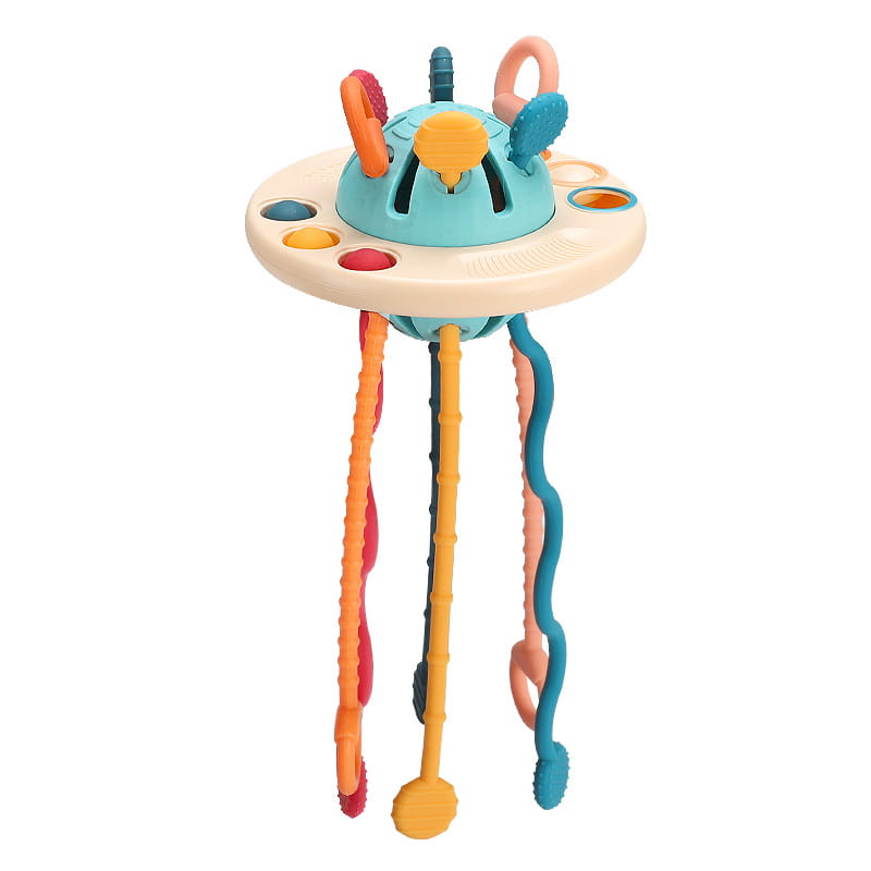 Juguete mordedor sensorial de silicona para bebé con forma de ufo, con plástico blando de colores naranja, azul verdoso y rosa, y apéndices colgantes texturizados y de colores vivos para la estimulación táctil.