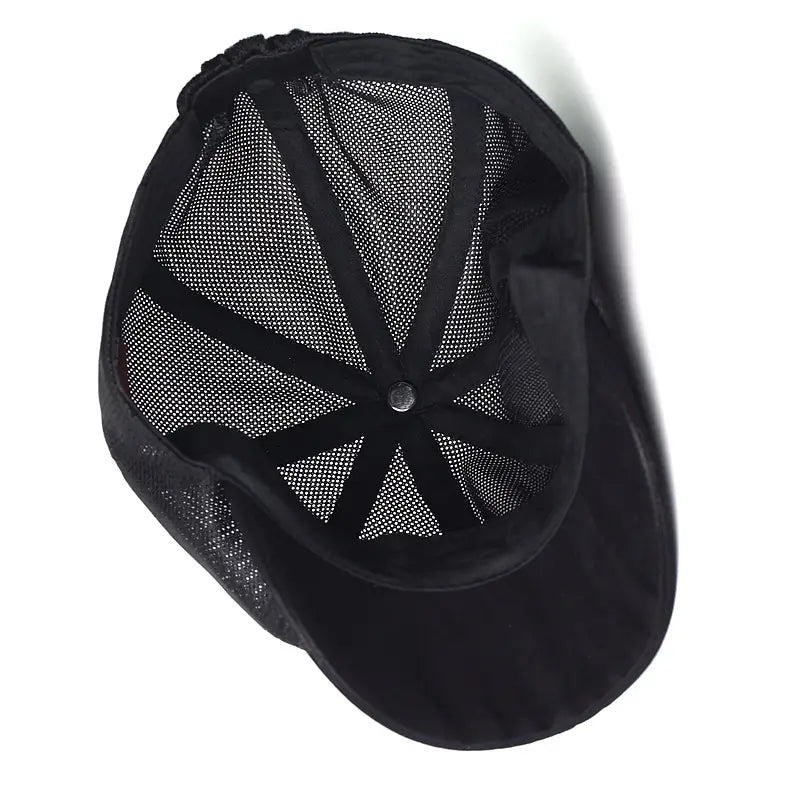 black mesh baseball cap with velour brim and adjustable strap shown from the back featuring breathable summer flat cap design for men and women