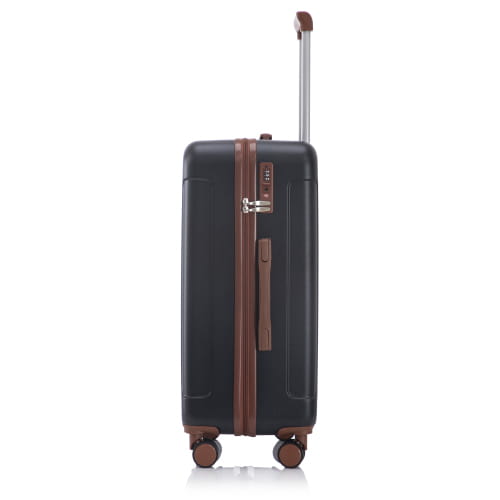 Black hard-shell suitcase with brown leather accents and retractable handle from a 3 piece abs spinner luggage set with TSA lock.