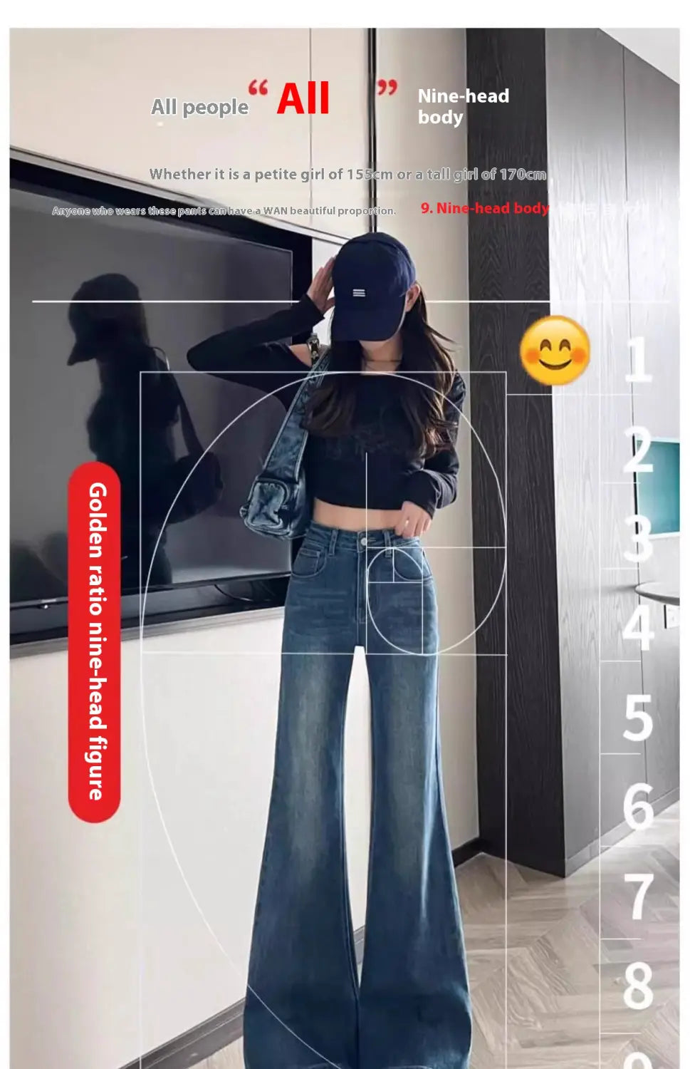eine Person, die eine schwarze Baseballkappe trägt, kombiniert mit High-Waist-Flared-Denimjeans; Vorderansicht der Jeans aus klassischem blauem Denim