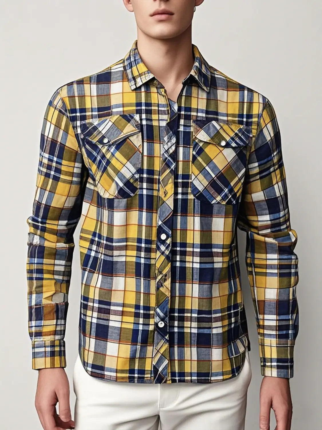 Men’s slim fit plaid flannel button up shirt in bold yellow navy blue and white with long sleeves and two chest pockets with flap closures.