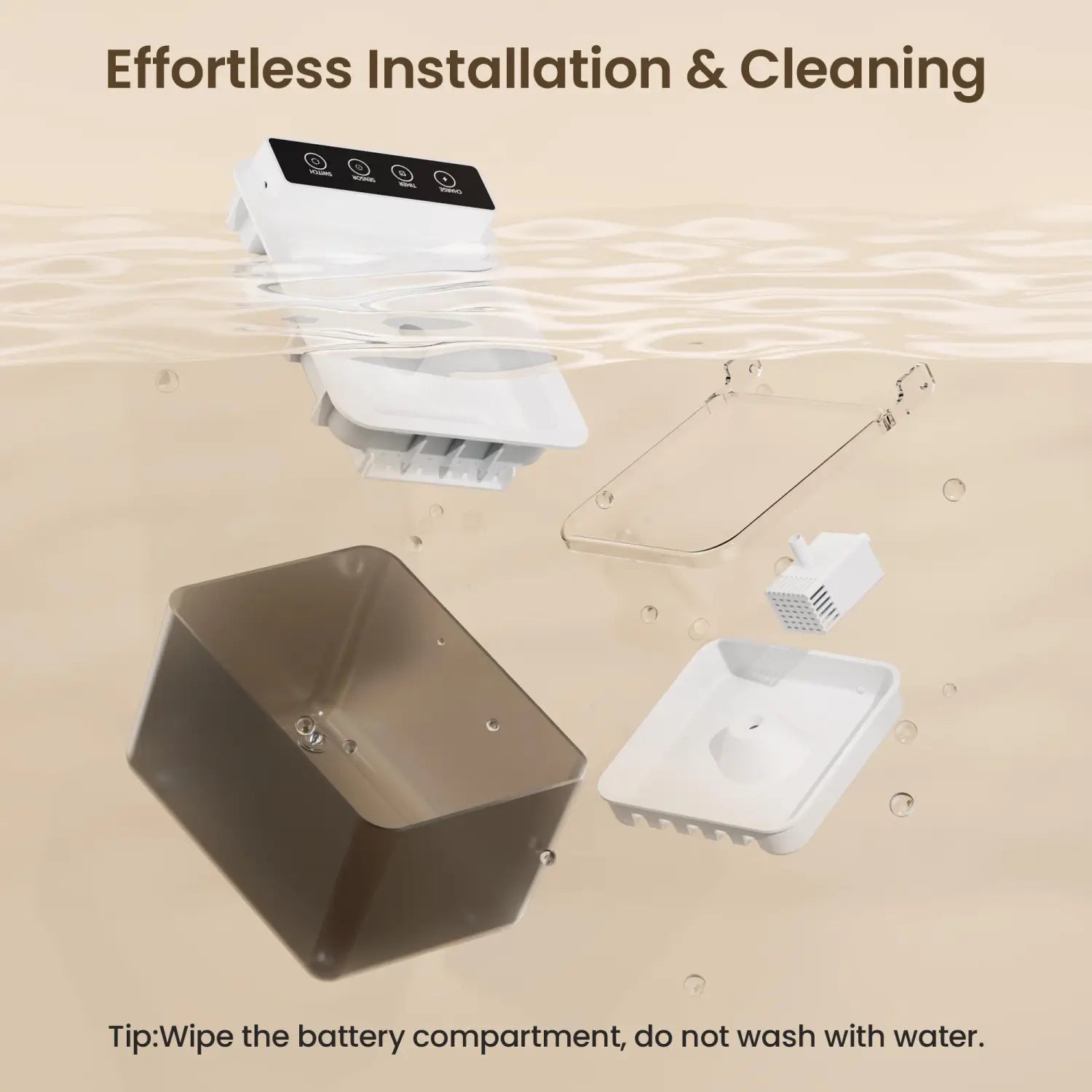 Weißes Filtersystem mit Wasserfilter mit schwarzem Bedienfeld und transparenten Gehäusekomponenten für die kabellose Katzen-Wasserfontäne 3 l aus Edelstahl.