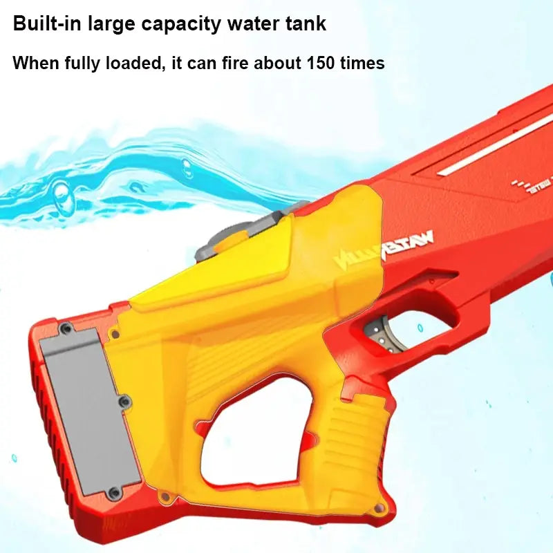 Pistolet à eau électrique Shark en plastique rouge et jaune, à haute pression, modèle P90, destiné à un jouet d’eau, avec réservoir intégré conçu pour les jeux en extérieur.