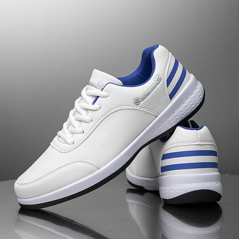 Strong Cavalry breathable mesh casual athletic sneakers feature white leather with blue accents three parallel stripes and a black rubber sole.