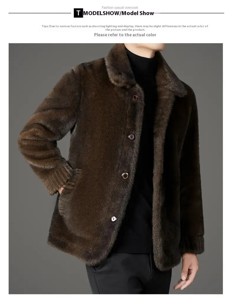 Brown faux fur winter coat for men with a plush collar and matching cuffs made of soft faux fur material.