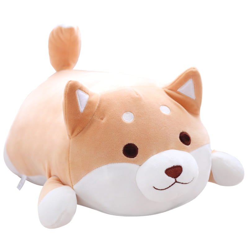 Mignon coussin peluche beige et blanc représentant un shiba inu, avec des caractéristiques du visage brodées, conçu comme un oreiller d’animal de compagnie pour chien kawaii doux.