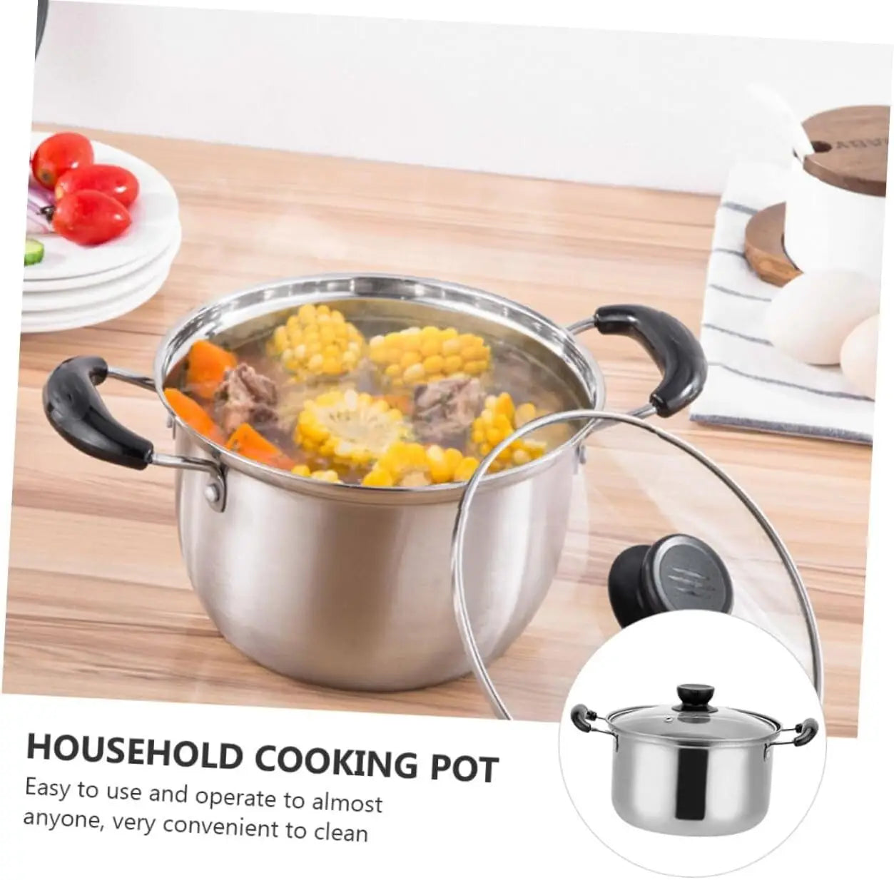 Stainless steel induction cookware set five pieces with a stainless steel household cooking pot featuring black handles and a clear glass lid.